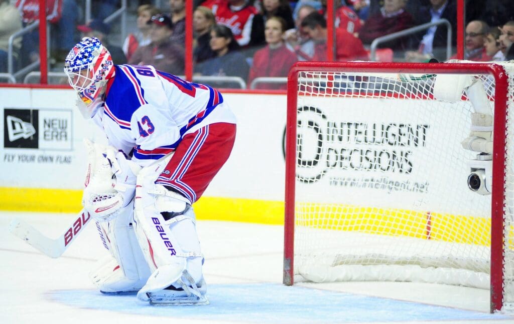 Mar 10, 2013; Washington, DC, USA; New York Rangers goalie Martin Biron (43) looks on during the third period of the game against the Washington Capitals at Verizon Center.