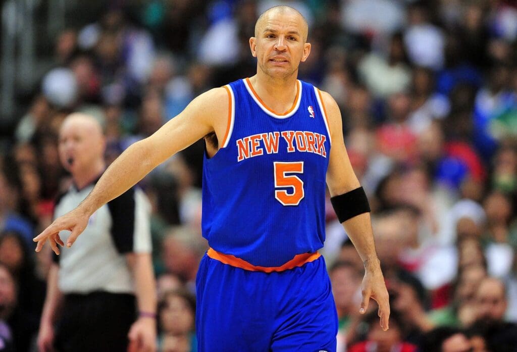 March 17, 2013; Los Angeles, CA, USA; New York Knicks point guard Jason Kidd (5) in position to defend against the Los Angeles Clippers during the game at Staples Center.