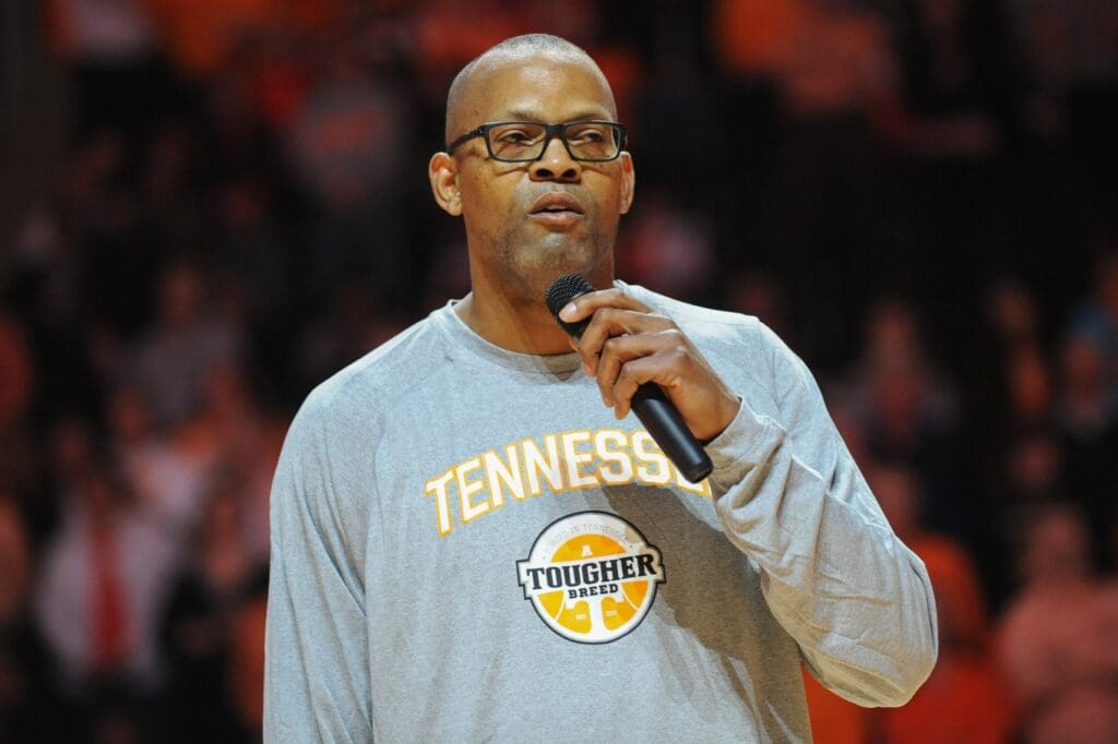 Mar 1, 2014; Knoxville, TN, USA; Former Tennessee Volunteers basketball player Dale Ellis speaks during his jersey retirement ceremony before the game against the Vanderbilt Commodores at Thompson-Boling Arena.