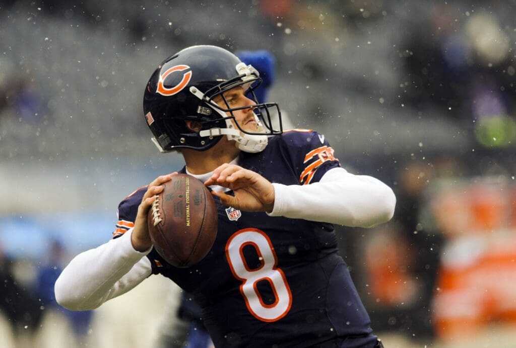 Nov 16, 2014; Chicago, IL, USA; Chicago Bears quarterback Jimmy Clausen (8) before their game against the Minnesota Vikings at Soldier Field