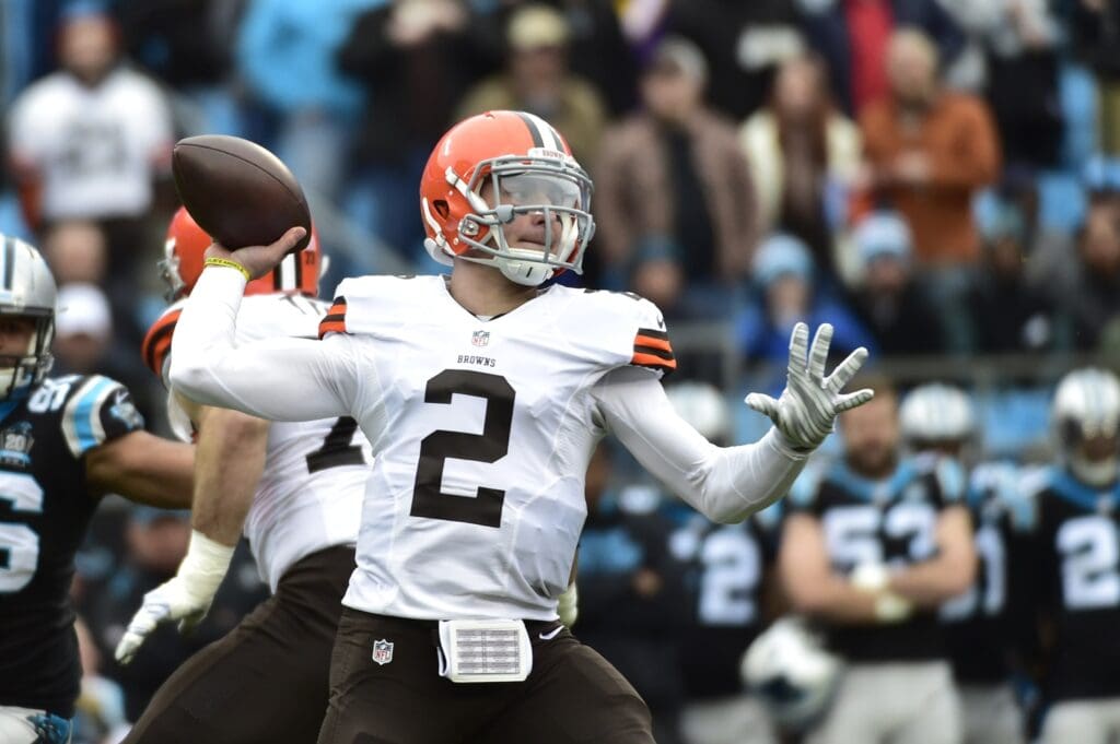 Dec 21, 2014; Charlotte, NC, USA; Cleveland Browns quarterback Johnny Manziel (2) looks to pass in the first quarter at Bank of America Stadium