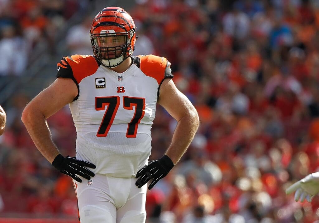 Nov 30, 2014; Tampa, FL, USA; Cincinnati Bengals tackle Andrew Whitworth (77) against the Tampa Bay Buccaneers during the second quarter at Raymond James Stadium.