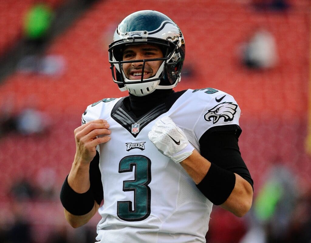 Dec 20, 2014; Landover, MD, USA; Philadelphia Eagles quarterback Mark Sanchez (3) on the field before the game between the Washington Redskins and the Philadelphia Eagles at FedEx Field.