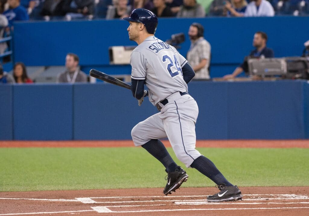 Sep 25, 2015; Toronto, Ontario, CAN; Tampa Bay Rays left fielder Grady Sizemore (24) reacts to a hit during the first inning in a game against the Toronto Blue Jays at Rogers Centre. The Toronto Blue Jays won 5-3.