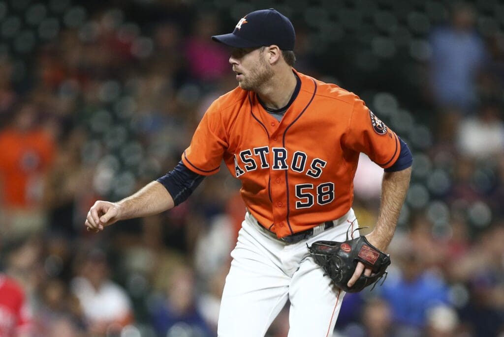 Sep 23, 2016; Houston, TX, USA; Houston Astros starting pitcher Doug Fister (58) delivers a pitch during the first inning against the Los Angeles Angels at Minute Maid Park.