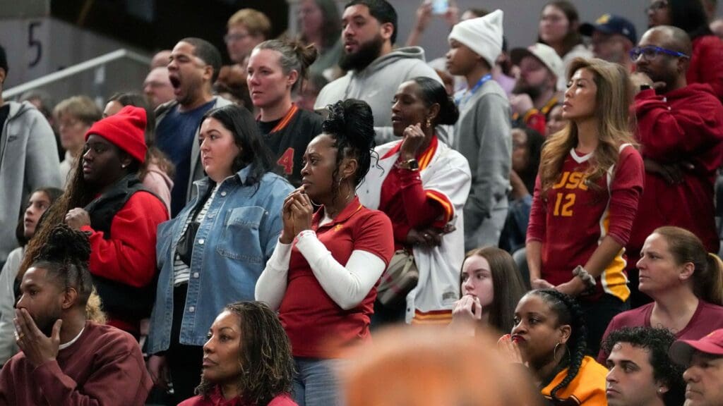 USC Trojans fans react as the UCLA Bruins pull ahead during the second half of the 2025 TIAA Big Ten Women's Basketball Tournament final game on Sunday, March 9, 2025, at Gainbridge Fieldhouse in Indianapolis. UCLA defeated USC 72-67.