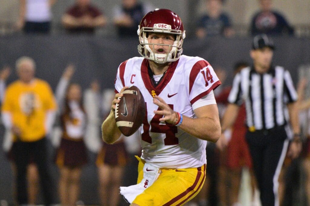Oct 28, 2017; Tempe, AZ, USA; USC Trojans quarterback Sam Darnold (14) looks to pass during the first half against the Arizona State Sun Devils at Sun Devil Stadium.