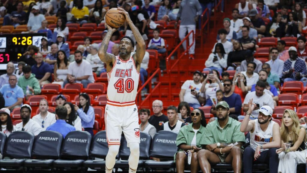 Apr 9, 2023; Miami, Florida, USA; Miami Heat forward Udonis Haslem (40) shoots the basketball during the third quarter against the Orlando Magic at Kaseya Center.