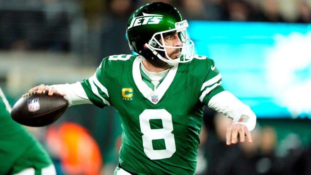 New York Jets quarterback Aaron Rodgers (8) may have played his last game for Gang Green, Sunday January 5, 2025, in East Rutherford.