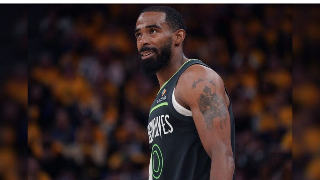 May 10, 2025; San Francisco, California, USA; Minnesota Timberwolves guard Mike Conley (10) waits for play to resume against the Golden State Warriors in the fourth quarter during game three in the second round for the 2025 NBA Playoffs at Chase Center.
