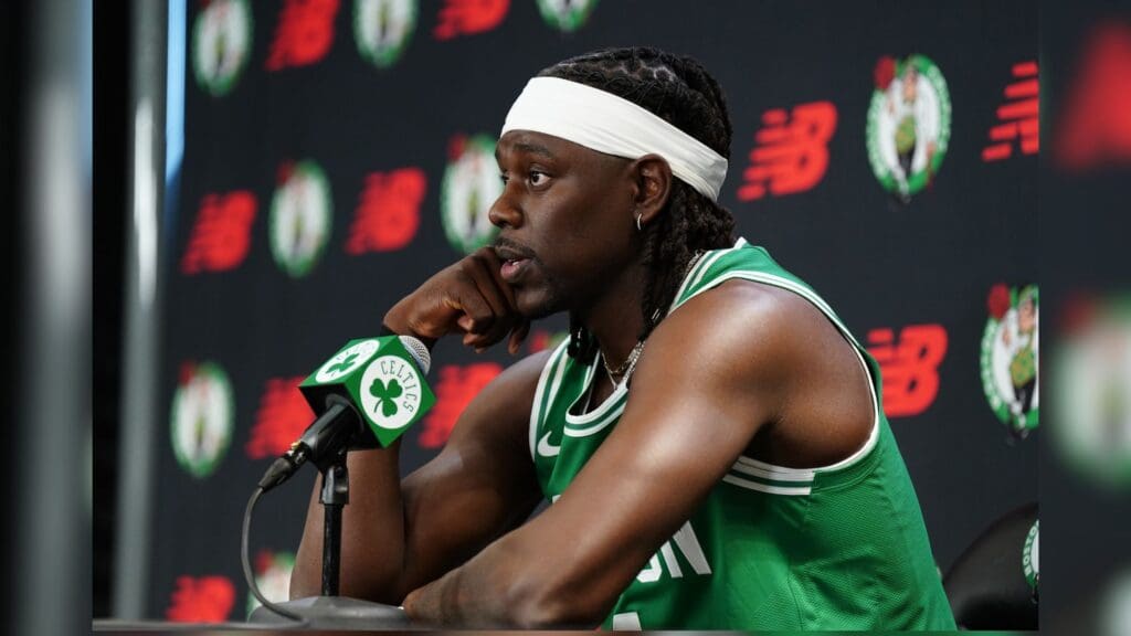 Sep 24, 2024; Boston, MA, USA; Boston Celtics guard Jrue Holiday (4) talks to reporters during media day at Auerbach Center.
