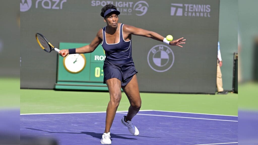 Mar 7, 2024; Indian Wells, CA, USA; Venus Williams (USA) hits a shot during her first round match against Nao Hibino (JPN) in the BNP Paribas Open at the Indian Wells Tennis Garden.