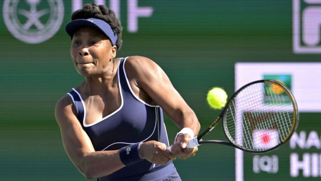 Mar 7, 2024; Indian Wells, CA, USA; Venus Williams (USA) hits a shot during her first round match against Nao Hibino (JPN) in the BNP Paribas Open at the Indian Wells Tennis Garden.