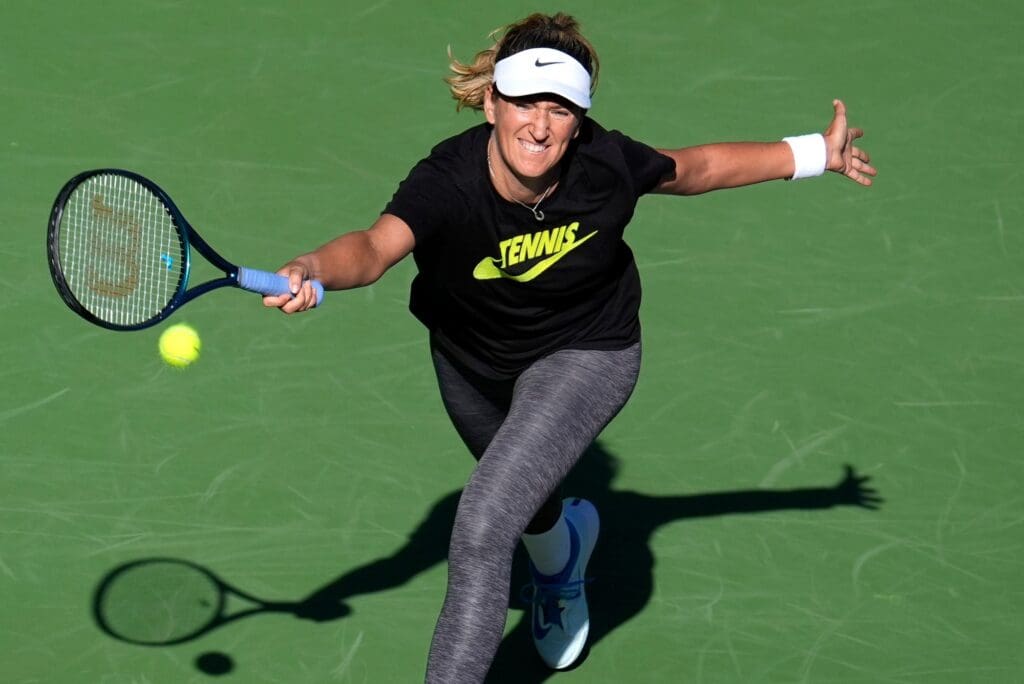 Victoria Azarenka practices during the BNP Paribas Open at the Indian Wells Tennis Garden in Indian Wells, Calif., on Tuesday, March 4, 2025.