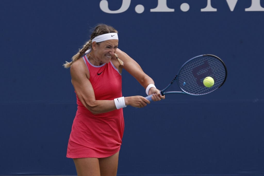 Aug 30, 2024; Flushing, NY, USA; Victoria Azarenka hits a backhand against Yafan Wang (CHN) (not pictured) in a women's singles match on day five of the 2024 U.S. Open tennis tournament at Billie Jean King USTA National Tennis Center.