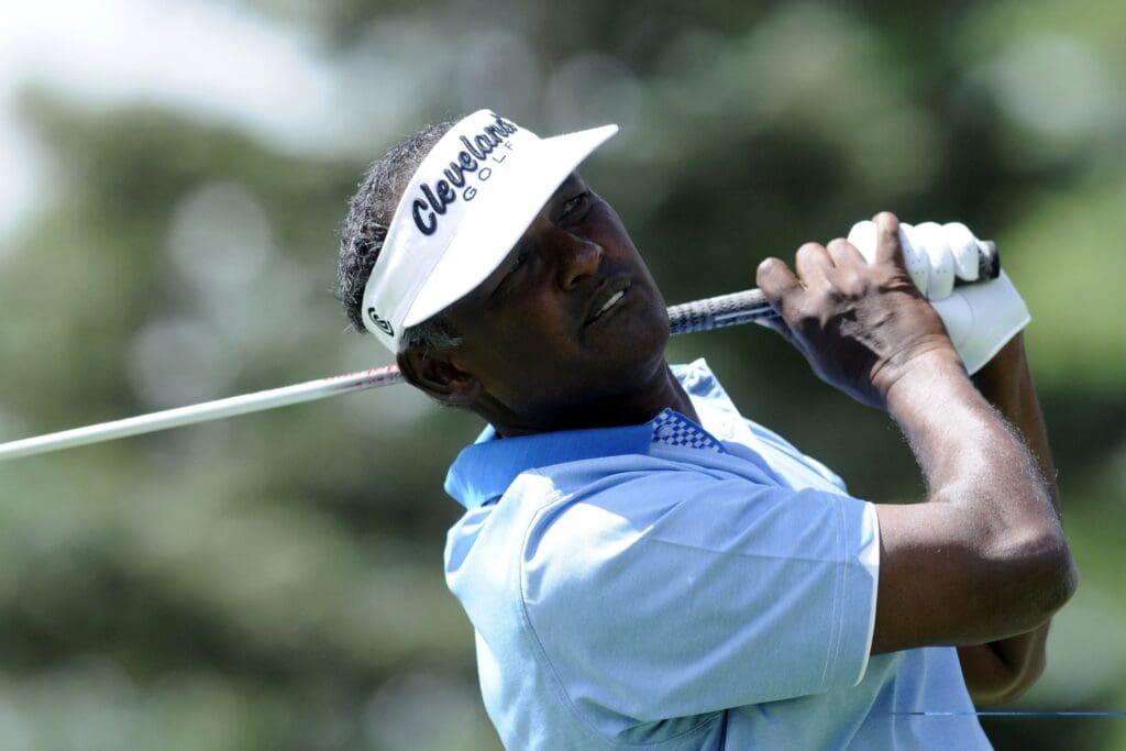Aug 10, 2013; Rochester, NY, USA; Vijay Singh tees off on the 7th hole during the third round of the 95th PGA Championship at Oak Hill Country Club..