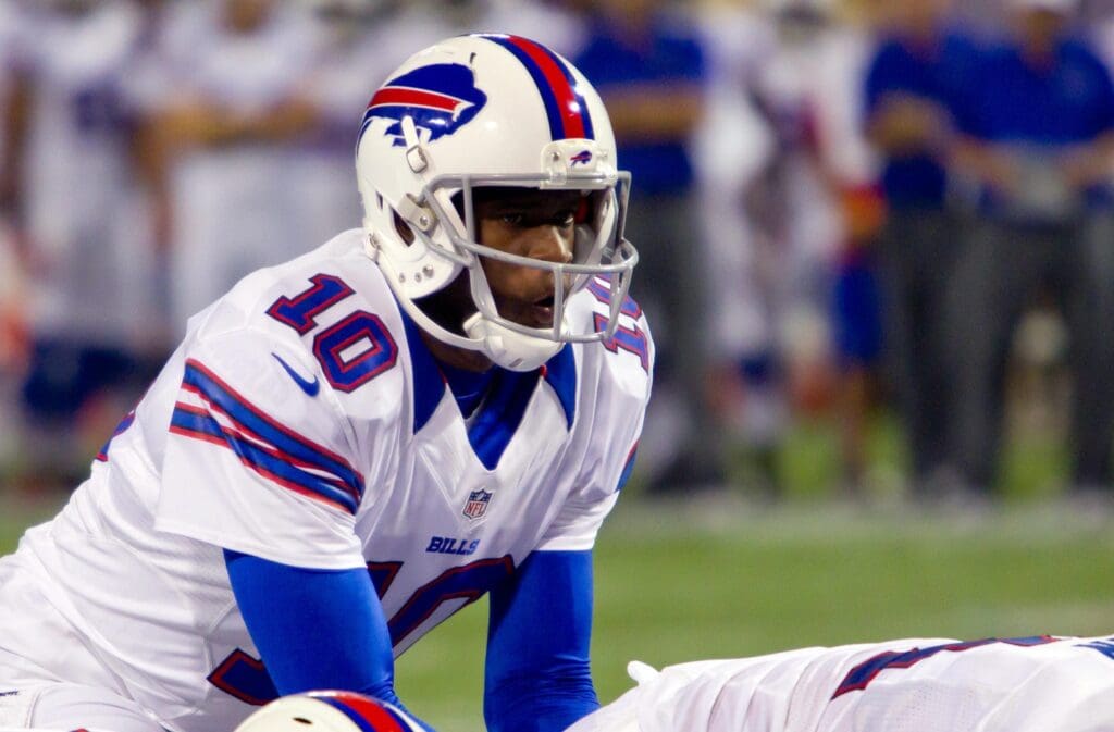 Aug 17, 2012; Minneapolis, MN, USA; Buffalo Bills quarterback Vince Young (10) under center in the third quarter against the Minnesota Vikings at the Metrodome. 