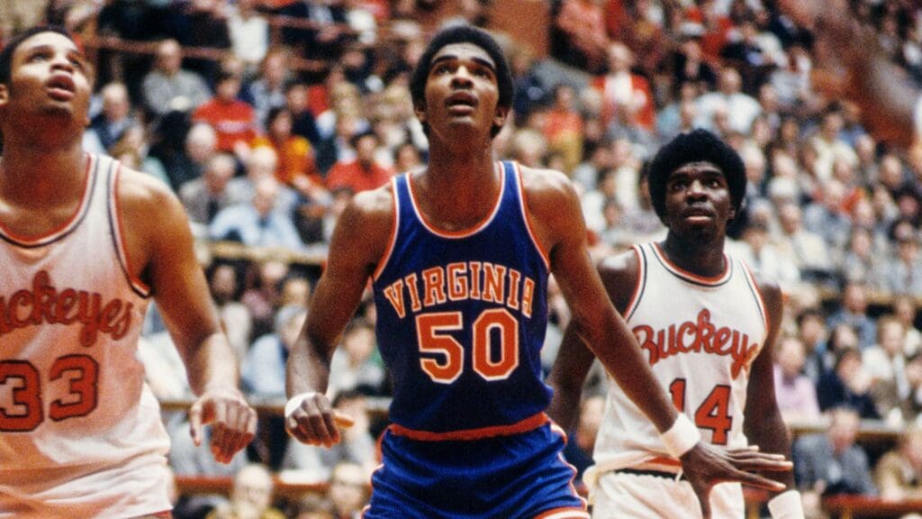 Jan 27, 1980, Columbus, OH, USA; FILE PHOTO; Virginia Cavaliers center Ralph Sampson (50) in action against Ohio State Buckeyes forward Clark Kellogg (33) at St. John Arena during the 1979-80 season.