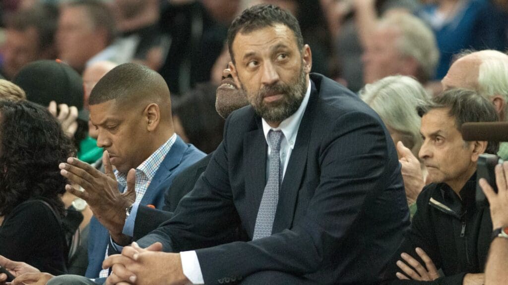 Mar 16, 2015; Sacramento, CA, USA; Sacramento Kings Vice President of basketball and franchise operations Vlade Divac looks on during the game against the Atlanta Hawks at Sleep Train Arena. The Atlanta Hawks defeated the Sacramento Kings 110-103.
