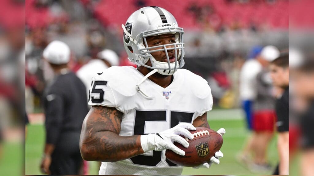 Aug 15, 2019; Glendale, AZ, USA; Oakland Raiders linebacker Vontaze Burfict (55) warms up prior to a preseason game against the Arizona Cardinals at State Farm Stadium.