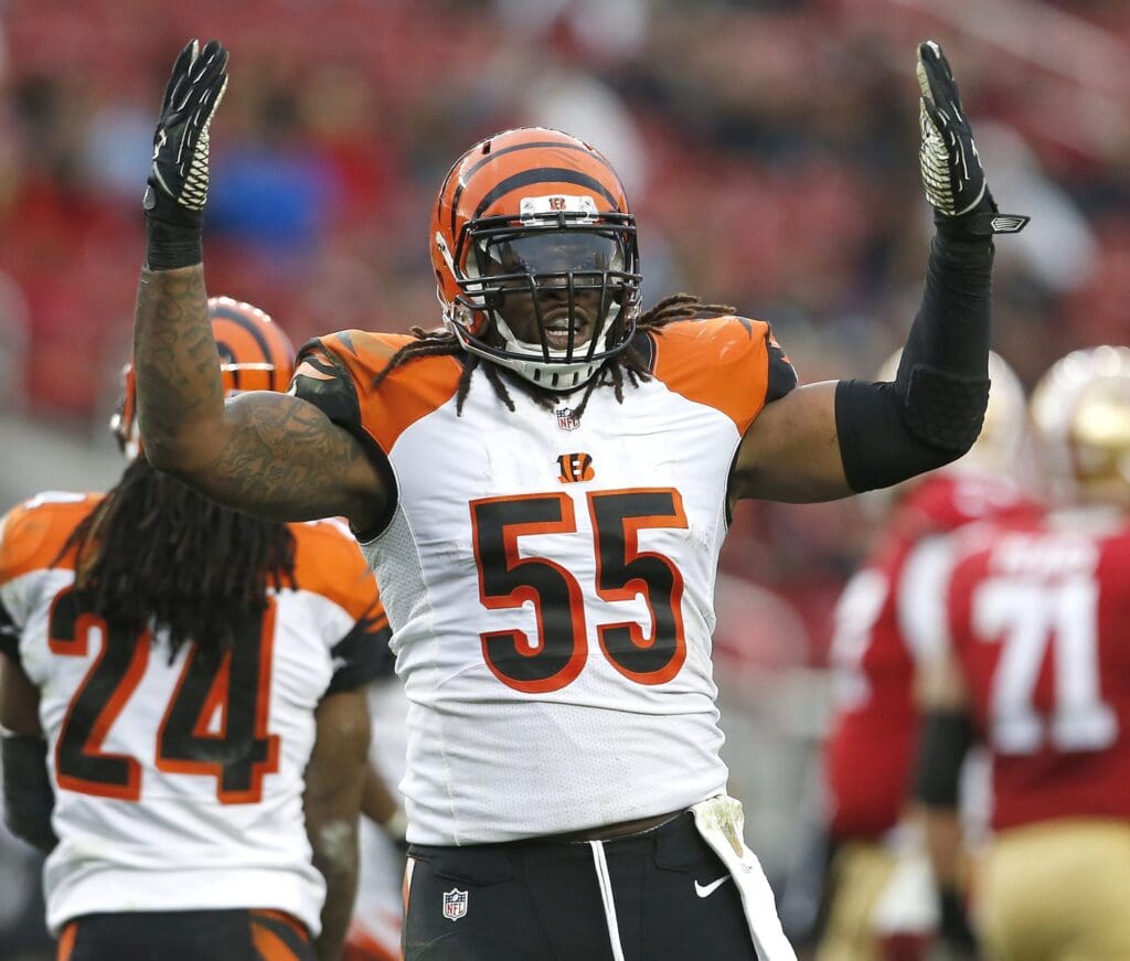 Cincinnati Bengals outside linebacker Vontaze Burfict (55) reacts to a defensive stop in the fourth quarter during the Week 15 NFL game between the Cincinnati Bengals and the San Francisco 49ers, Sunday, Dec. 20, 2015, at Levi's Stadium in Santa Clara, California. The Bengals won 24-14, improving to 11-3 on the season. 122015 Bengals 49ers