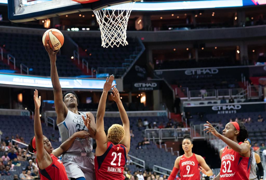 Sylvia Fowles shoots in Minnesota Lynx vs Washington Mystics game at Capital One Arena, Washington DC