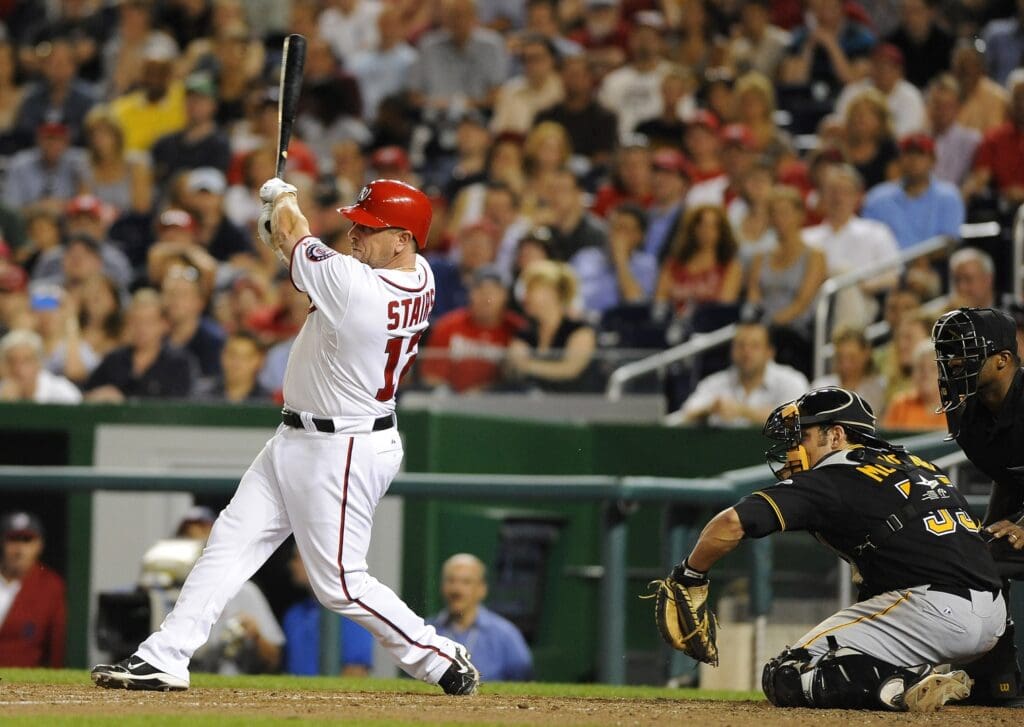 July 01, 2011; Washington, DC, USA; Washington Nationals outfielder Matt Stairs (12) watches his walk-off single to beat the Pittsburgh Pirates during the ninth inning at Nationals Park.