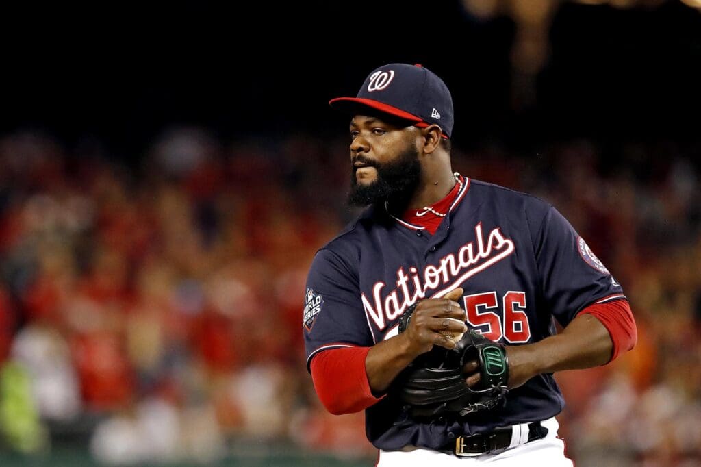 Oct 26, 2019; Washington, DC, USA; Washington Nationals relief pitcher Fernando Rodney (56) reacts during the seventh inning against the Houston Astros in game four of the 2019 World Series at Nationals Park.
