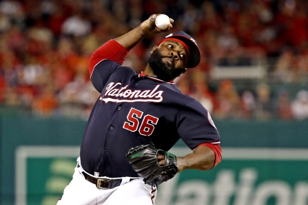 Washington Nationals relief pitcher Fernando Rodney (56) pitches during the seventh inning against the Houston Astros in game four of the 2019 World Series at Nationals Park.