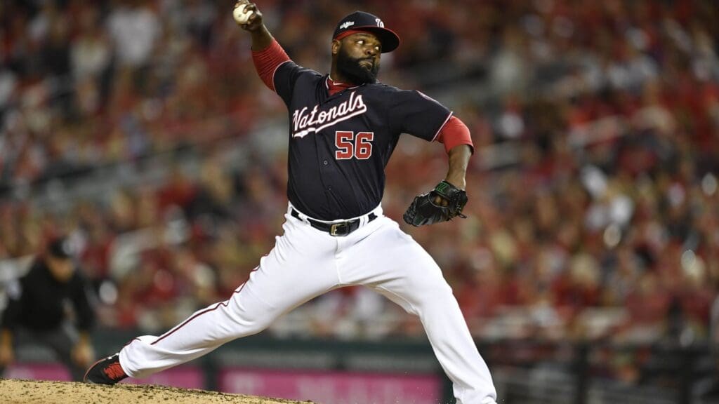 Oct 14, 2019; Washington, DC, USA; Washington Nationals relief pitcher Fernando Rodney (56) delivers during the eighth inning in game three of the 2019 NLCS playoff baseball series against the St. Louis Cardinals at Nationals Park