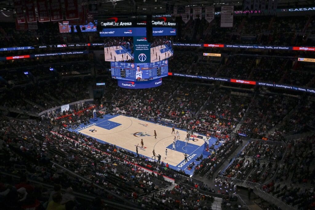 Mar 10, 2023; Washington, District of Columbia, USA; A general view of the court during the first half of game action between the Washington Wizards and the Atlanta Hawks at Capital One Arena.