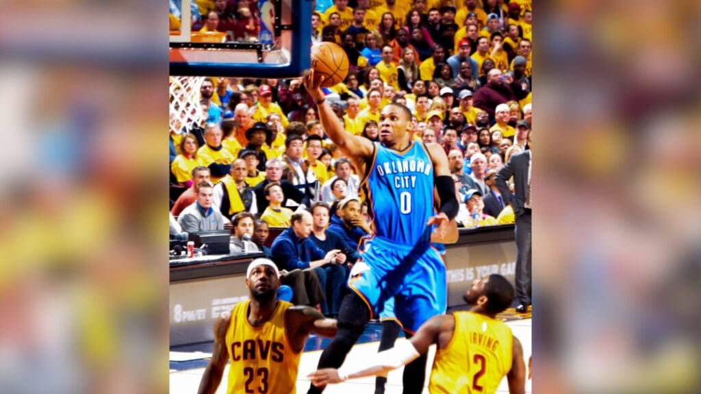 Russell Westbrook goes up for a layup against Cleveland in 2015