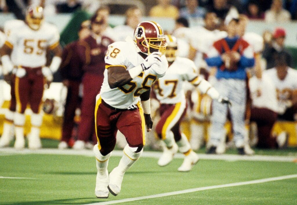 Jan 26, 1992; Minneapolis, MN, USA; FILE PHOTO; Washington Redskins linebacker Wilber Marshall (58) in action against the Buffalo Bills during Super Bowl XXVI at the Metrodome. The Redskins defeated the Bills 37-24. Mandatory Credit: Manny Rubio-USA TODAY Sports