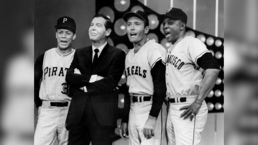 Mays (right) with Maury Wills, Milton Berle, and Jimmy Piersall