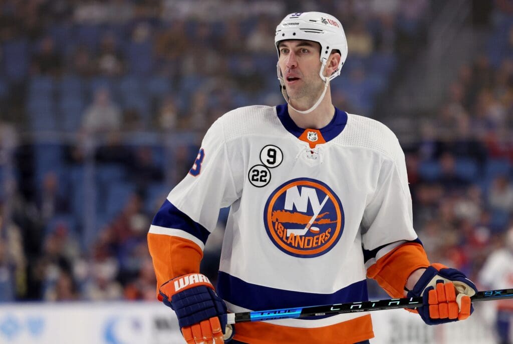Apr 23, 2022; Buffalo, New York, USA; New York Islanders defenseman Zdeno Chara (33) during a stoppage in play against the Buffalo Sabres during the first period at KeyBank Center.