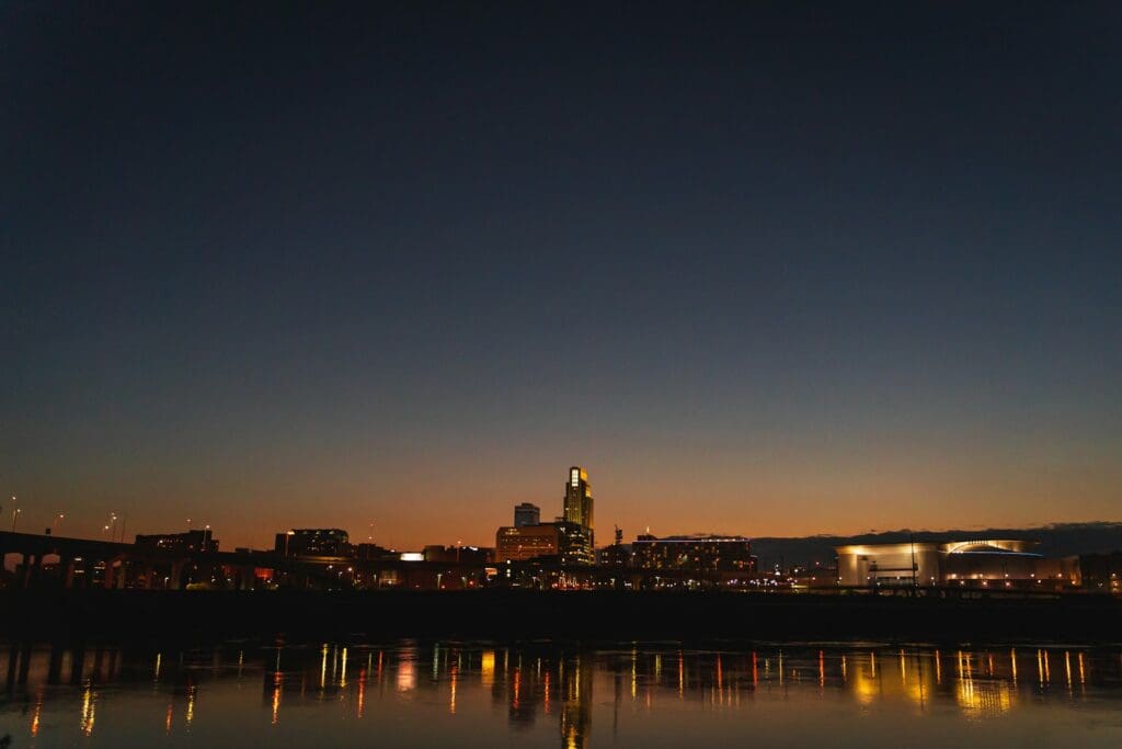 city skyline during night time