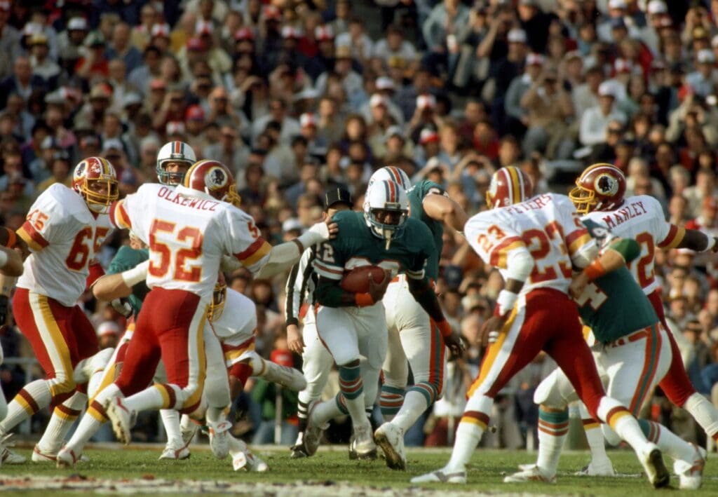 Miami Dolphins running back Tony Nathan (22) in action against the Washington Redskins during Super Bowl XVII at the Rose Bowl.