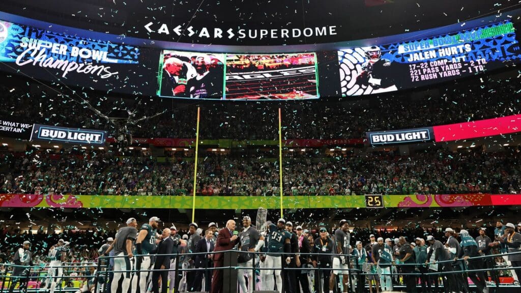 A general view as Fox NFL Sunday co-host Terry Bradshaw interviews Philadelphia Eagles quarterback Jalen Hurts (1) after winning against Kansas City Chiefs in Super Bowl LIX at Caesars Superdome