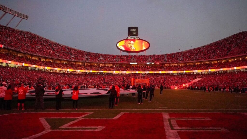 Oct 7, 2024; Kansas City, Missouri, USA; A general view of the field under red lights prior to a game against the New Orleans Saints at GEHA Field at Arrowhead Stadium.
