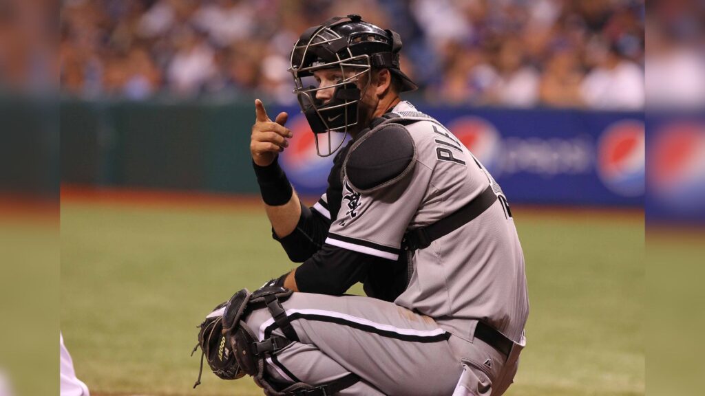 May 29, 2012; St. Petersburg, FL, USA; Chicago White Sox catcher A.J. Pierzynski (12) points against the Tampa Bay Rays at Tropicana Field.