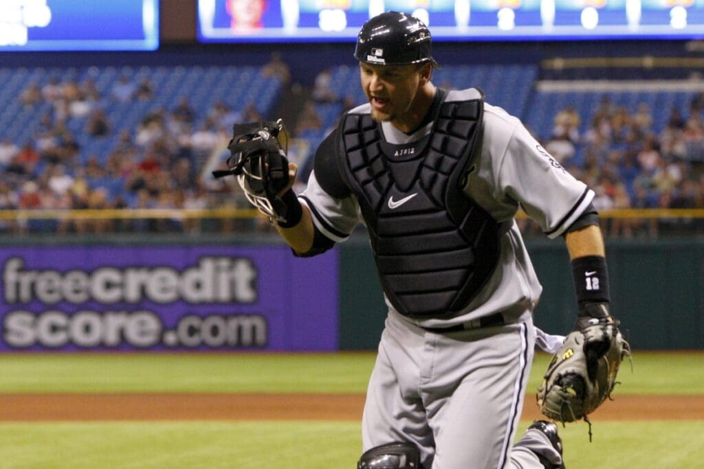 April 21, 2011; St. Petersburg, FL, USA; Chicago White Sox catcher A.J. Pierzynski (12) reacts against the Tampa Bay Rays at Tropicana Field.