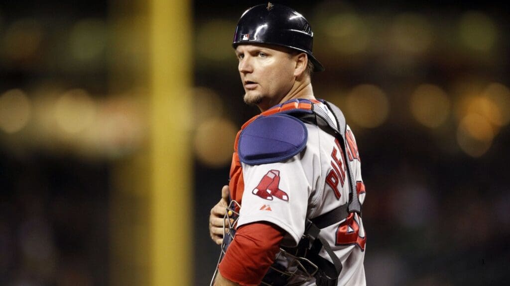 Jun 24, 2014; Seattle, WA, USA; Boston Red Sox catcher A.J. Pierzynski (40) looks to the dugout after being stolen on for the second time during the seventh inning against the Seattle Mariners at Safeco Field.