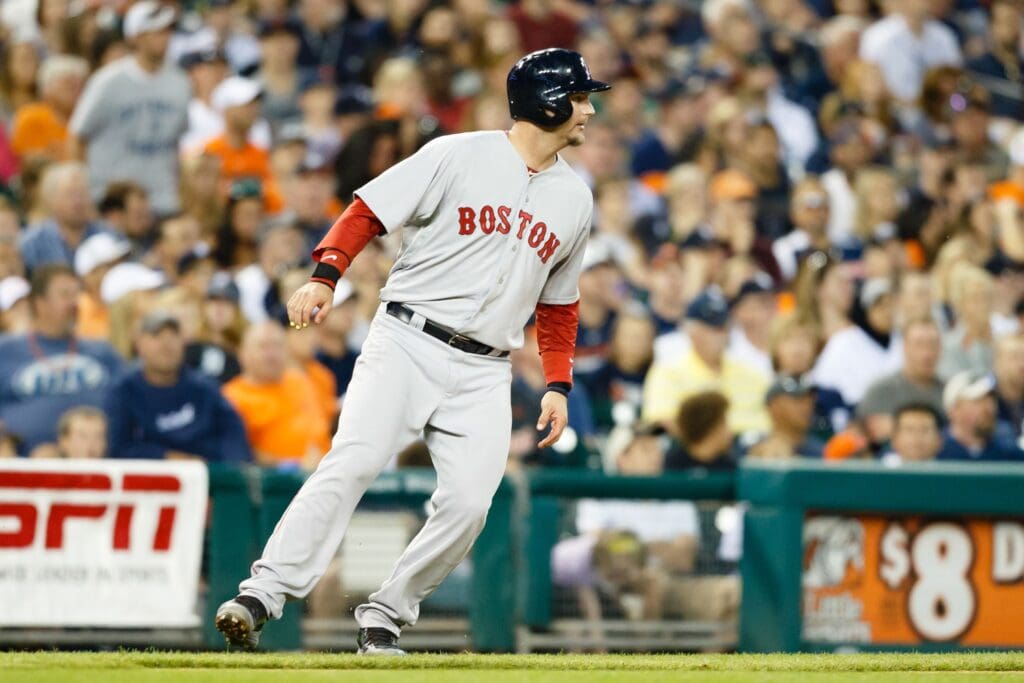 Jun 8, 2014; Detroit, MI, USA; Boston Red Sox catcher A.J. Pierzynski (40) leads off third base against the Detroit Tigers at Comerica Park.