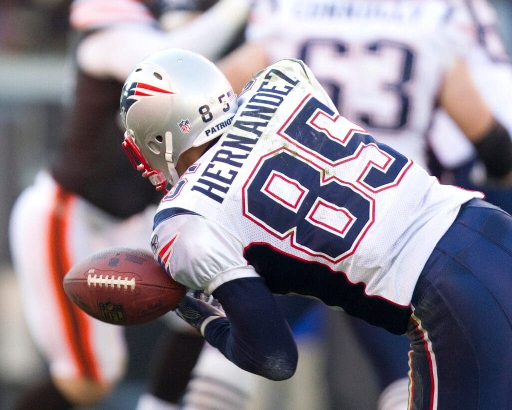 November 7, 2010; Cleveland, OH, USA; New England Patriots tight end Aaron Hernandez (85) drops a pass against the Cleveland Browns at Cleveland Browns Stadium. Cleveland beat New England 34-14.