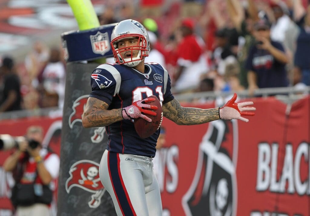 August 18, 2011; Tampa, FL, USA; New England Patriots tight end Aaron Hernandez (81) reacts after he scored a touchdown during the first quarter against the Tampa Bay Buccaneers at Raymond James Stadium.