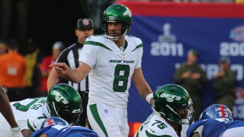 East Rutherford, NJ August 26, 2023 -- Jets quarterback Aaron Rodgers on the first offensive series for the Jets in the first half. The NY Jets against the NY Giants on August 26, 2023 at MetLife Stadium in East Rutherford, NJ, as the rivals play their final preseason game before the start of the NFL season.