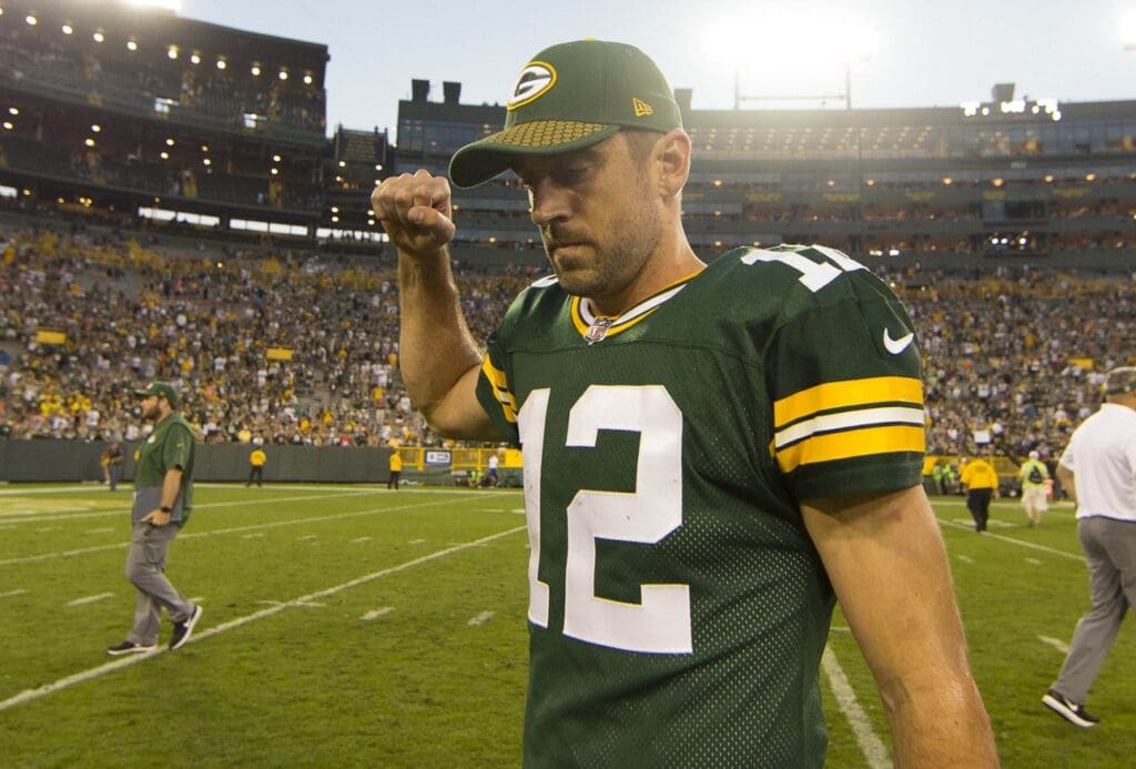 Sep 24, 2017; Green Bay, WI, USA; Green Bay Packers quarterback Aaron Rodgers (12) walks off the field following the game against the Cincinnati Bengals at Lambeau Field.