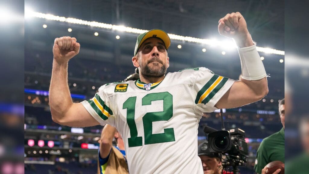 Dec 23, 2019; Minneapolis, Minnesota, USA; Green Bay Packers quarterback Aaron Rodgers (12) celebrates after the game against Minnesota Vikings at U.S. Bank Stadium.
