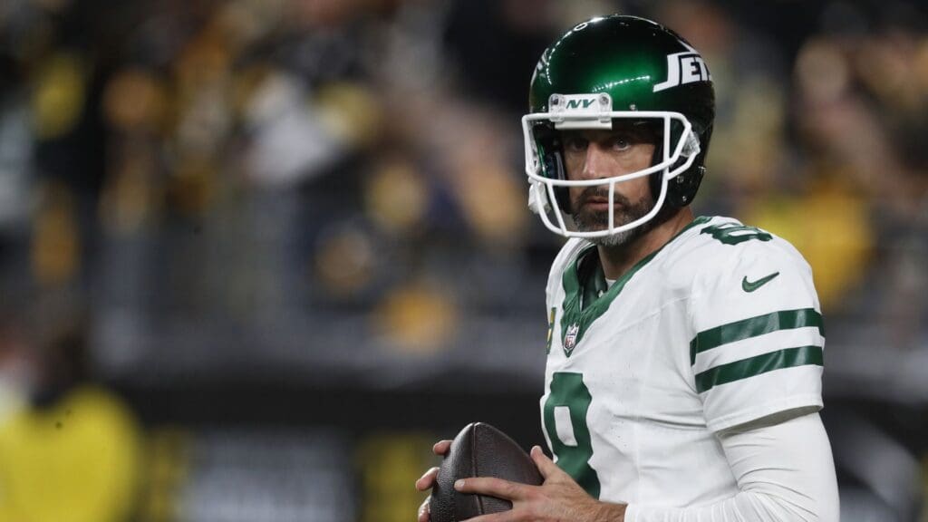 Oct 20, 2024; Pittsburgh, Pennsylvania, USA; New York Jets quarterback Aaron Rodgers (8) warms up before the game against the Pittsburgh Steelers at Acrisure Stadium.