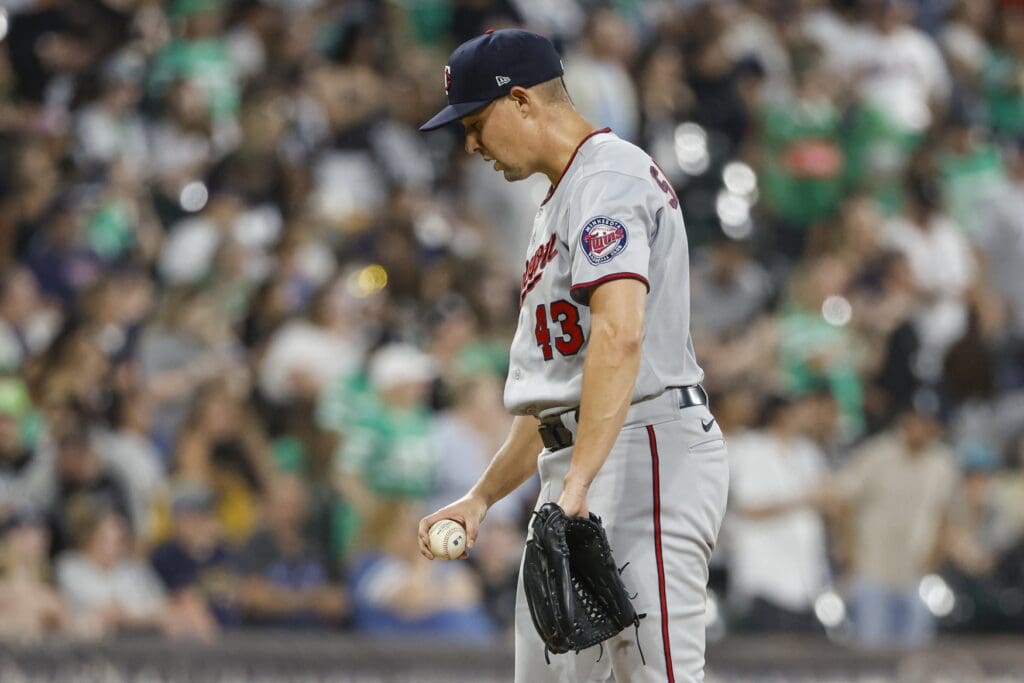 Sep 3, 2022; Chicago, Illinois, USA; Minnesota Twins starting pitcher Aaron Sanchez (43) reacts after giving up a three-run home run to Chicago White Sox shortstop Romy Gonzalez during the fourth inning at Guaranteed Rate Field.